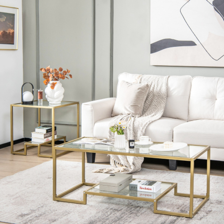 Modern 2-Tier Coffee Table with Golden Metal Frame for Living Room
