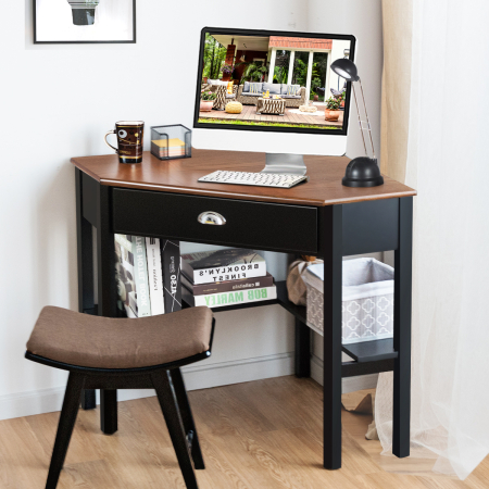 Corner Computer Desk with Drawer & Shelves for Office
