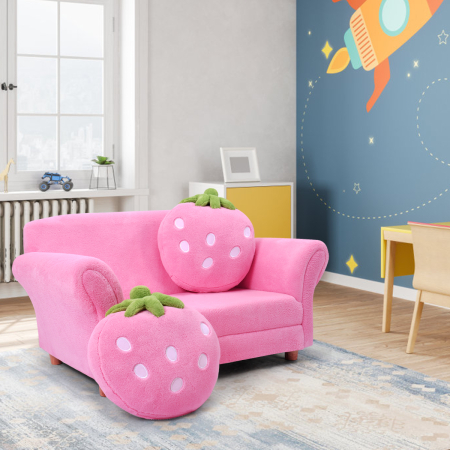 2-Seat Kids Sofa Children Lounge Bed with 2 Cute Strawberry Pillows
