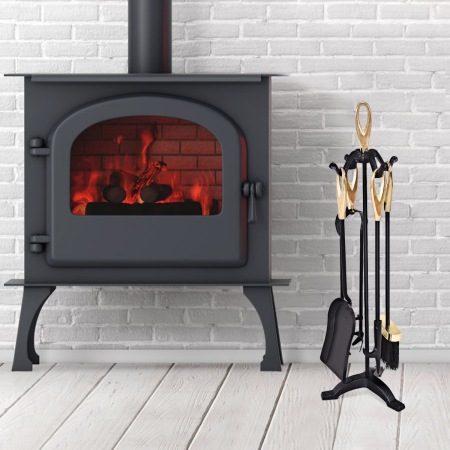 5 Pieces Iron Fireplace Set with Broom & Shovel & Poker & Tongs & Stand