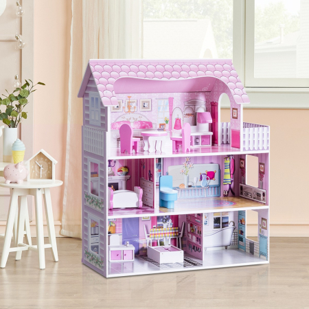 Large Wooden Dollhouse with Complete Accessories and Furniture for Kids