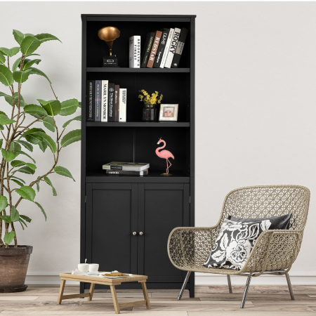 3-Shelf Bookcase with Double Doors & Adjustable Shelves & Cabinet