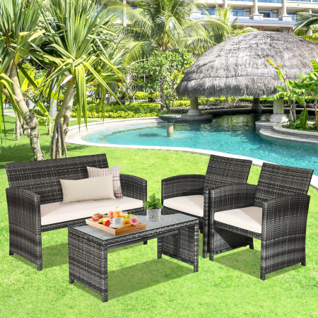 4 Pieces Outdoor Wicker Conversation Set with Glass Top Table & Cushions