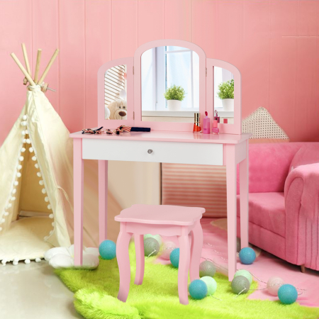 Kids Makeup Table Stool Set with Tri-folding Mirror for Bedroom