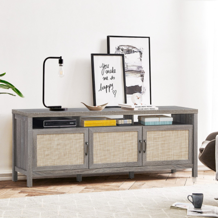 Rattan TV Stand with 3 Rattan Doors for Living Room