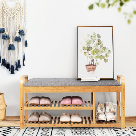 3-Tier Bamboo Shoe Bench with Cushion for Hallway