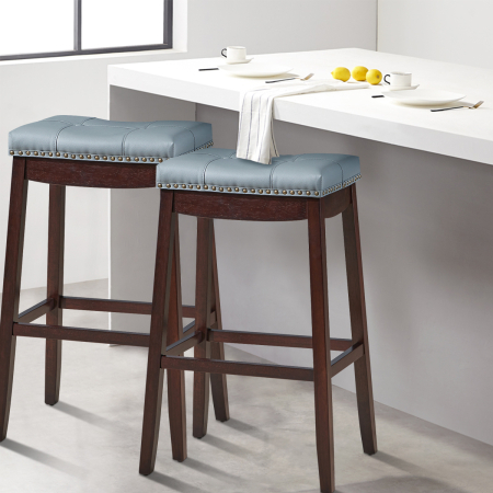 Backless Nailhead Bar Stool with Natural Rubber Wood Legs for Dining Room