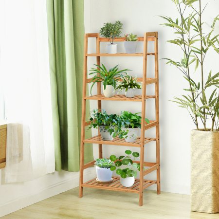 Freestanding 4-Tier Bamboo Plant Rack with Guardrails 