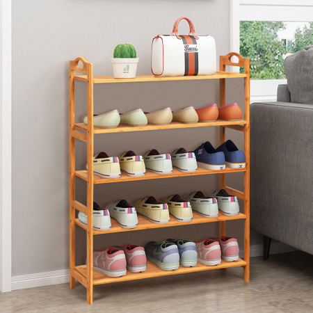 5-Tier Bamboo Shoe Rack with Two Rounded Handles for Entryway