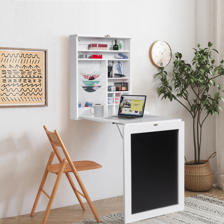 Folding Wall Mounted Desk with Chalkboard and Storage Compartments for Home/Office