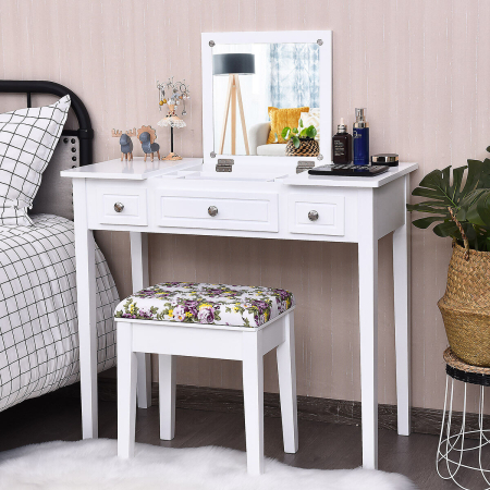 Dressing Table Stool Set with Flip Top Mirror & Storage Drawer