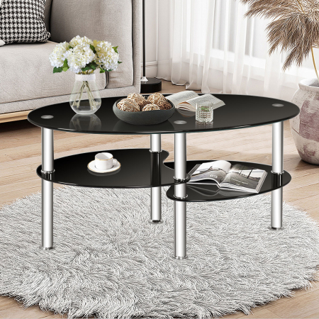 Tempered Glass Coffee Table with Open Storage Shelf