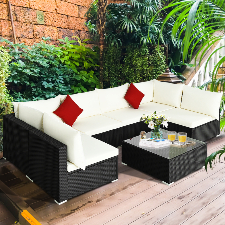 7 Pieces Outdoor Wicker Sofa Set with Tempered Glass Top Coffee Table
