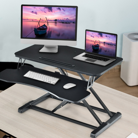 Height Adjustable Stand Up Desk Riser with Large Keyboard Tray and Tablet Holder
