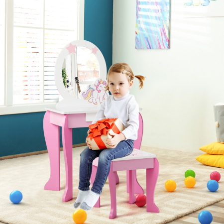 Kids Vanity Table and Chair Set with Mirror & Stool