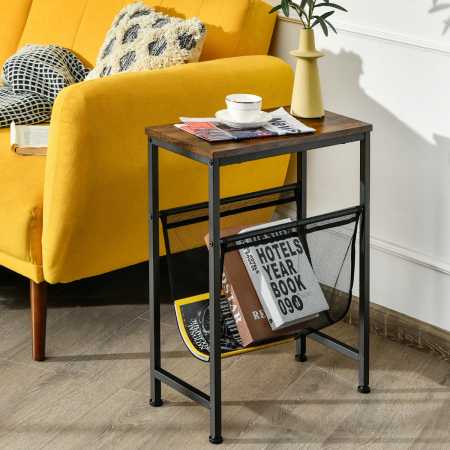 Industrial End Table with Mesh Magazine Holder Sling for Living Room/Bedroom