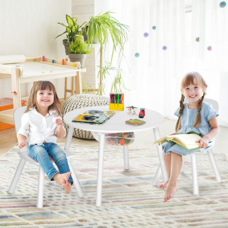 3 Piece Kids Wooden Activity Table and Chair Set with Mesh Storage