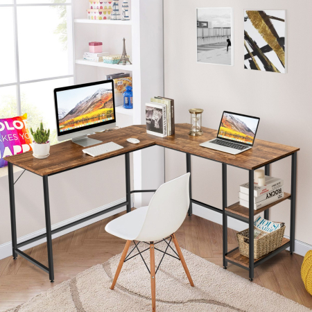 L-Shaped Desk with 2-Tier Storage Shelf for Home