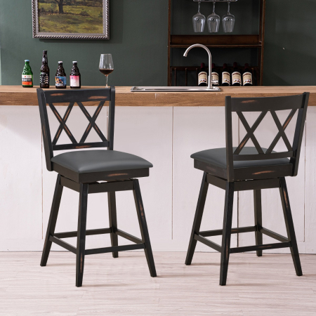 2 Pieces Swivel Bar Stools with Backrest & Rubber Wood Legs