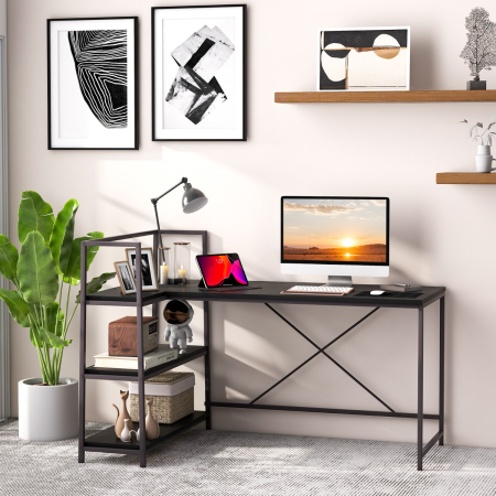 L-Shaped Computer Desk with 3-Tier Storage Shelf for Office