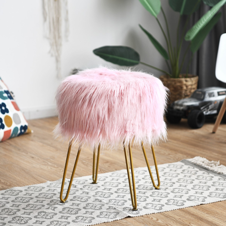Stylish Faux Fur Ottoman with Golden Metal Legs for Dressing Room