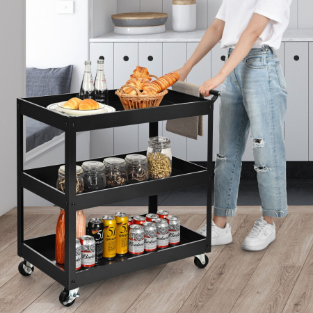 3-Tier Utility Cart with Humanized Handle for Office, Kitchen