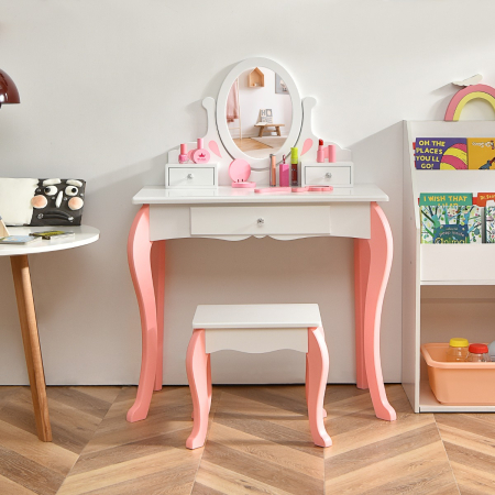 Kids Makeup Table Stool Set with Mirror Drawer for Bedroom
