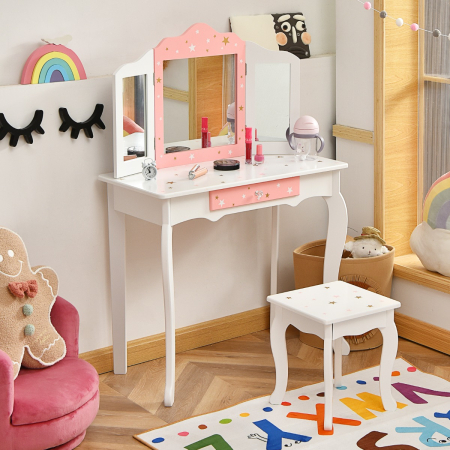 Kids Makeup Table Chair Set with Tri-folding Mirror for Bedroom