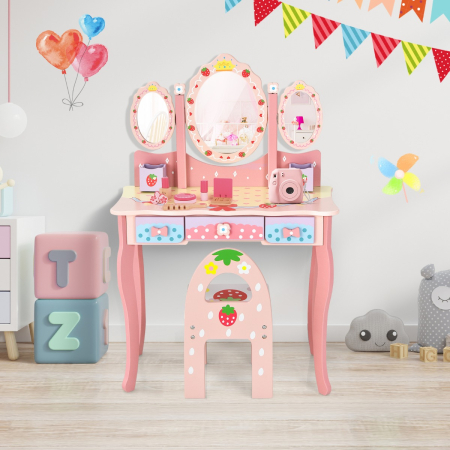 Kids Princess Vanity Table & Chair Set with 360° Rotating Mirror