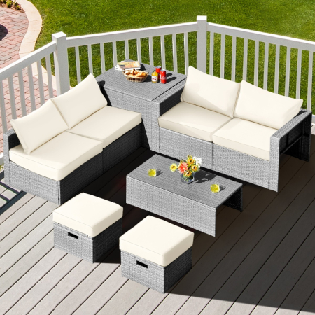  8-Piece Outdoor Grey PE Rattan Conversation Set with Washable Cushion Covers