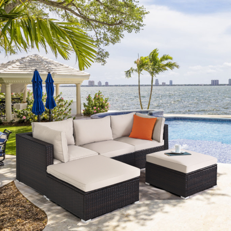 5 Pieces Patio Sectional Conversation Set with Cushions & Side Table Ottoman