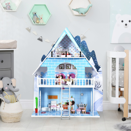 Wooden Dollhouse Playset with 15 Pieces Furniture for Kids