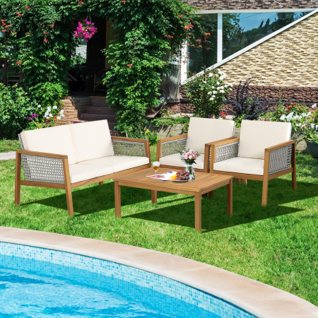 4-Piece Patio Acacia Wood Furniture Set with Cushions for outdoors