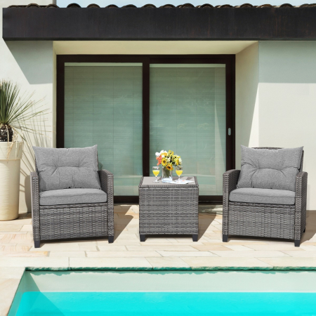 3 Pieces Patio Rattan Sofa Set with Soft Seat for Poolside & Backyard