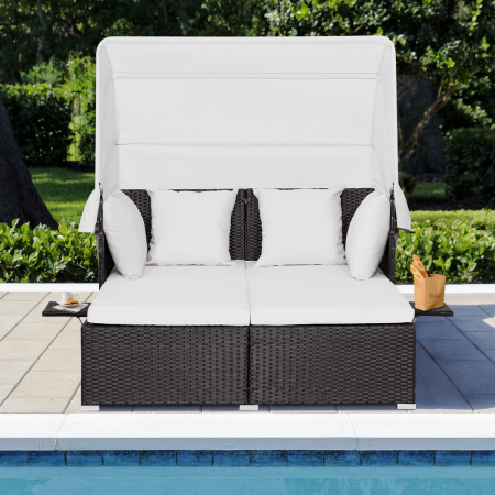 Outdoor Rattan Daybed with Retractable Canopy for Patio/Yard