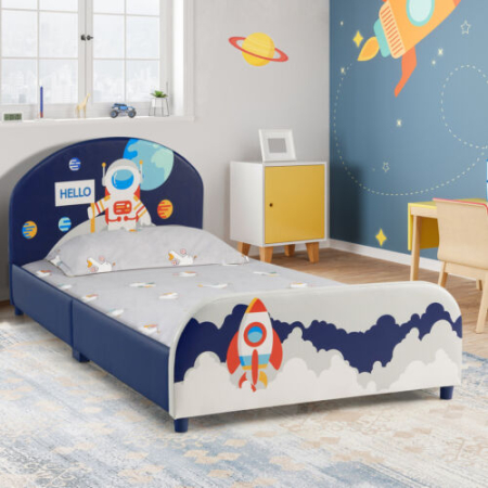 Twin Size Kids Wooden Upholstered Platform Bed with Astronaut/Unicorn/Cloud/Planet Pattern