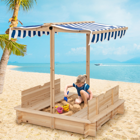 Covered Wooden Sandbox with 2 Convertible Seat Benches for Kids