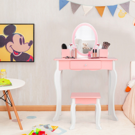 2-in-1 Kids Vanity Table and Stool Set with Mirror