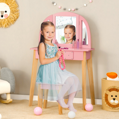 2-in-1 Kids' Vanity Set with Tri-folding Mirror for Girls Aged 3 - 7 Years Old