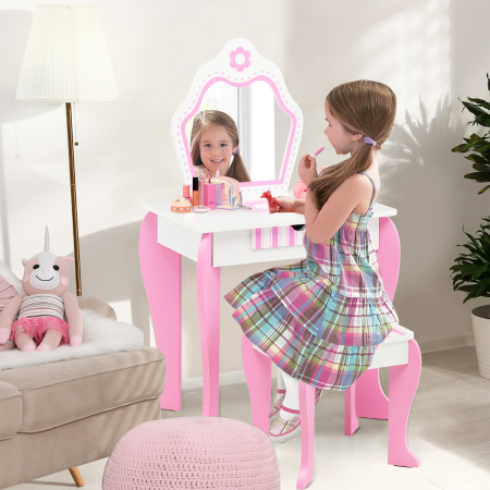 Kids Vanity Table & Stool Set with Mirror & Drawer