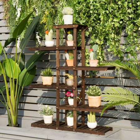 Step Plant Stand with 6-Tier Wooden Shelf for Garden