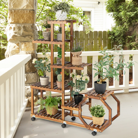 Multi-Layer Wooden Plant Stand with 360° Swivel & Lockable & Detachable Wheels