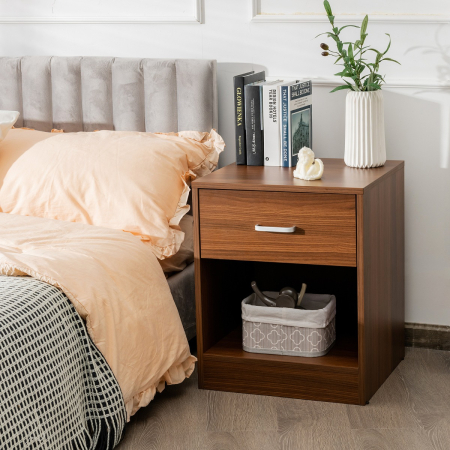 2-tier Wooden Bedside Table with Storage Drawer & Cabinet for Bedroom/Living Room/Office
