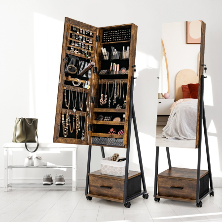 Standing Mirror Jewelry Cabinet with Drawer & Wheels