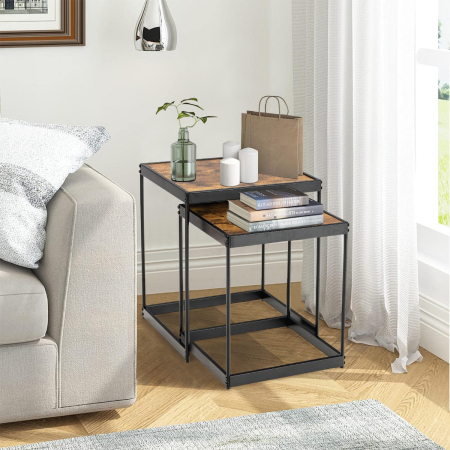 Set of 2 Square Nesting Tables with Sturdy Steel Frame for Living Room