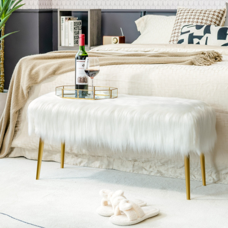 Faux Fur Ottoman Bench with Golden Legs
