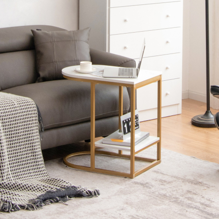 Modern C-shaped 2-Tier Side Table with Storage for Living Room