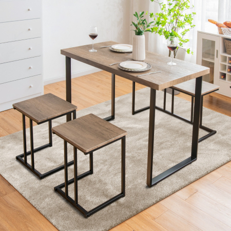 4 Pieces Industrial Wooden Dining Table Set  with Stools for Kitchen