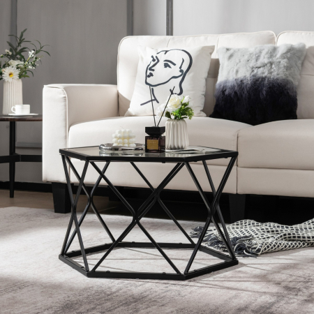 Geometric Coffee Table with Tempered Glass Top & Metal Legs