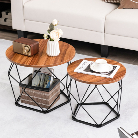 Circle Coffee Table with Pentagonal Steel Base for Living Room